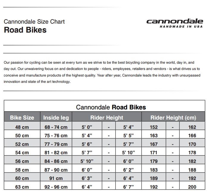 Cannondale Road Bike Sizing - Suburban Sports - Berlin, CT