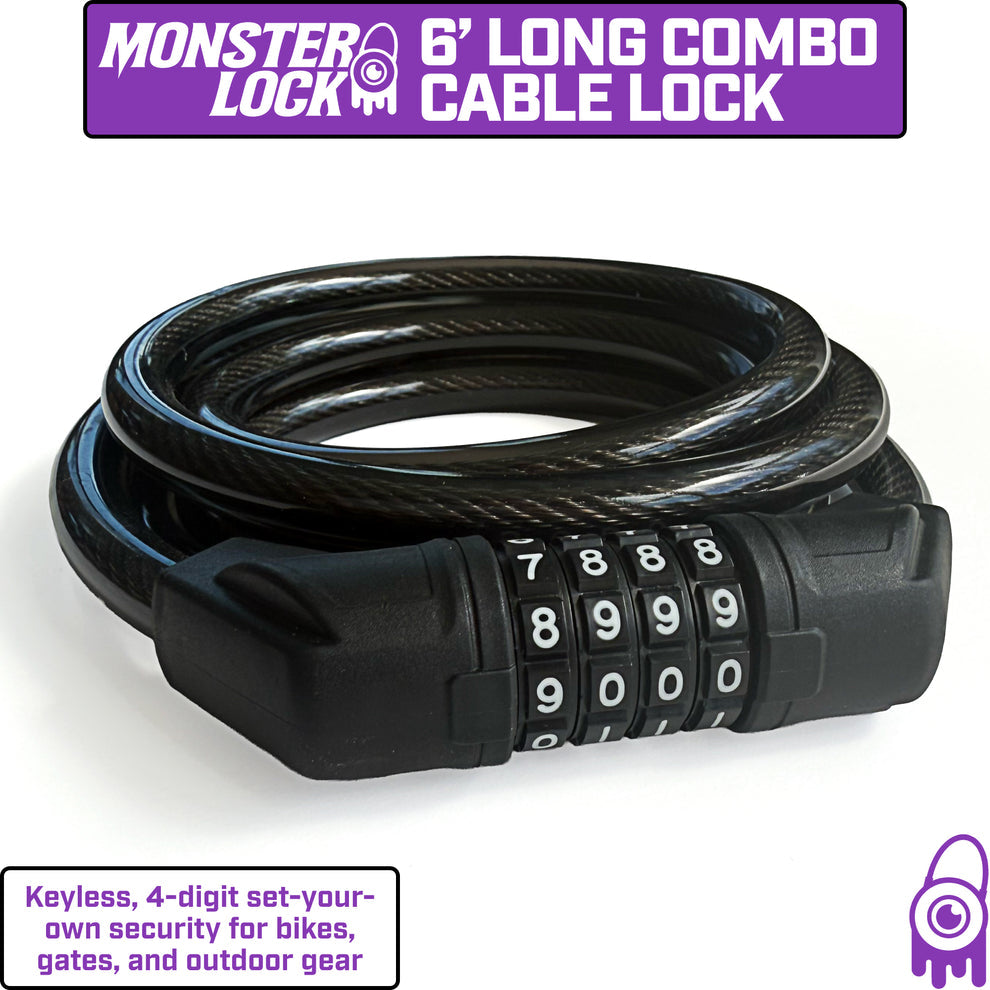 Monster Lock Combination Cable Bicycle Lock – 6'x13mm Braided Steel
