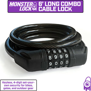 Monster Lock Combination Cable Bicycle Lock – 6'x13mm Braided Steel
