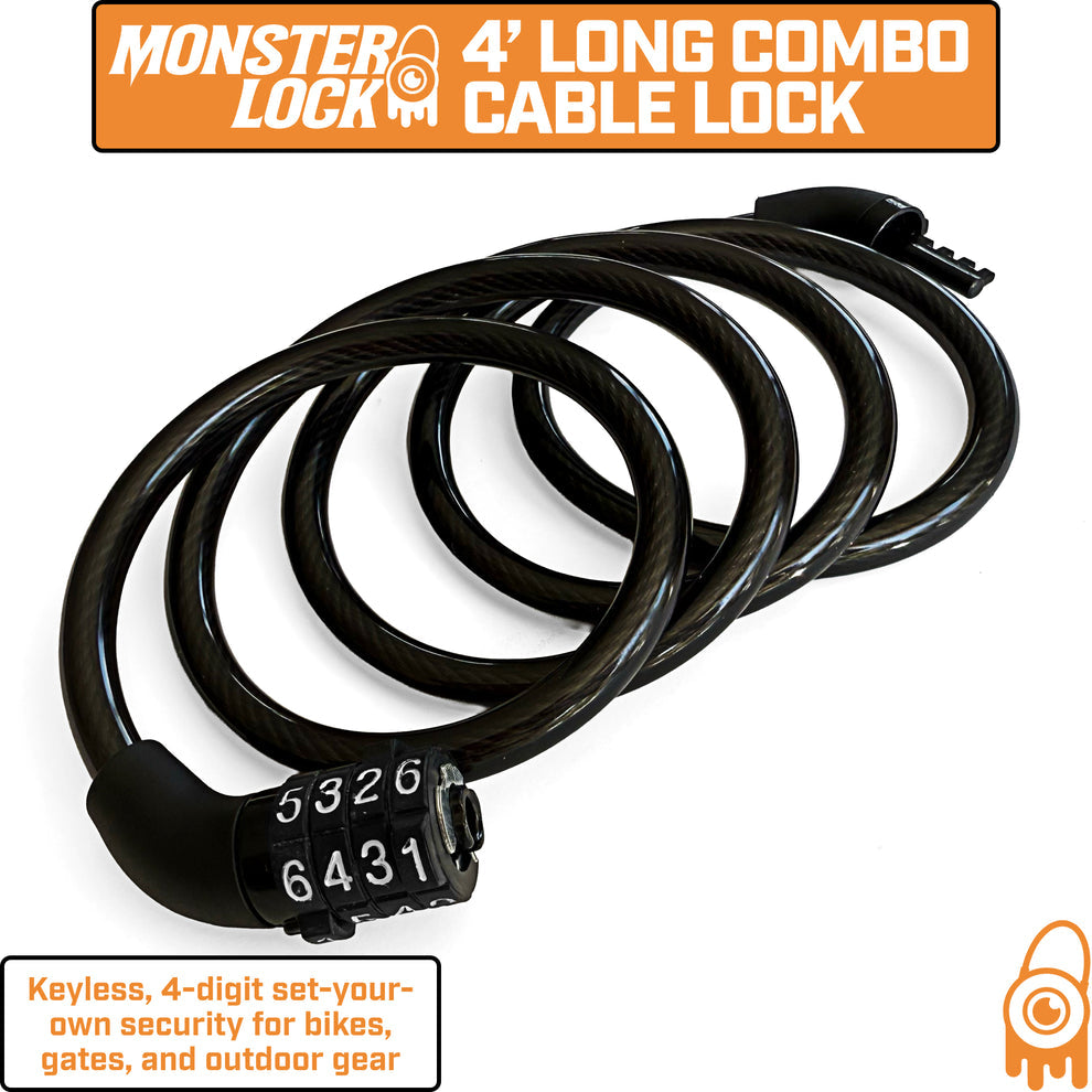 Monster Lock Combination Cable Bicycle Lock – 4'x8mm Braided Steel