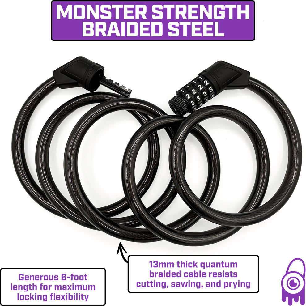 Monster Lock Combination Cable Bicycle Lock – 6'x13mm Braided Steel