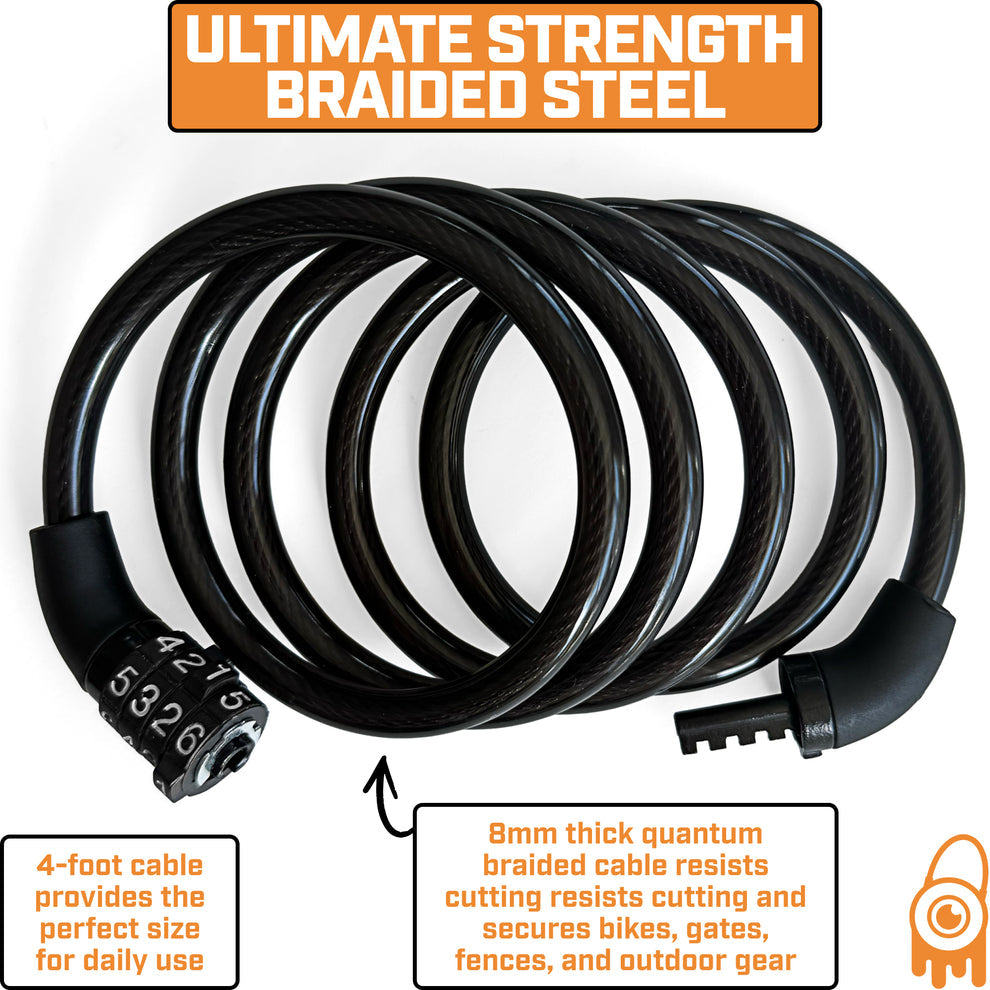 Monster Lock Combination Cable Bicycle Lock – 4'x8mm Braided Steel