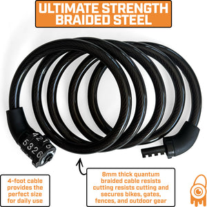 Monster Lock Combination Cable Bicycle Lock – 4'x8mm Braided Steel