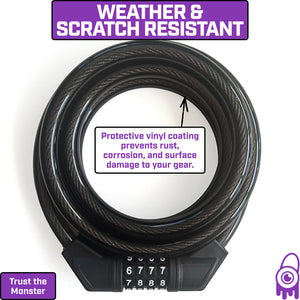 Monster Lock Combination Cable Bicycle Lock – 6'x13mm Braided Steel