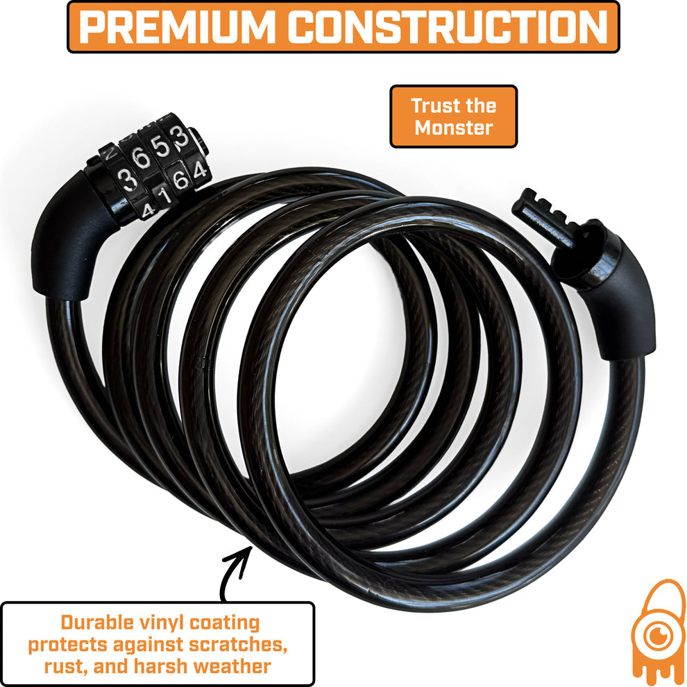Monster Lock Combination Cable Bicycle Lock – 4'x8mm Braided Steel