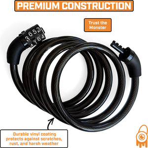Monster Lock Combination Cable Bicycle Lock – 4'x8mm Braided Steel